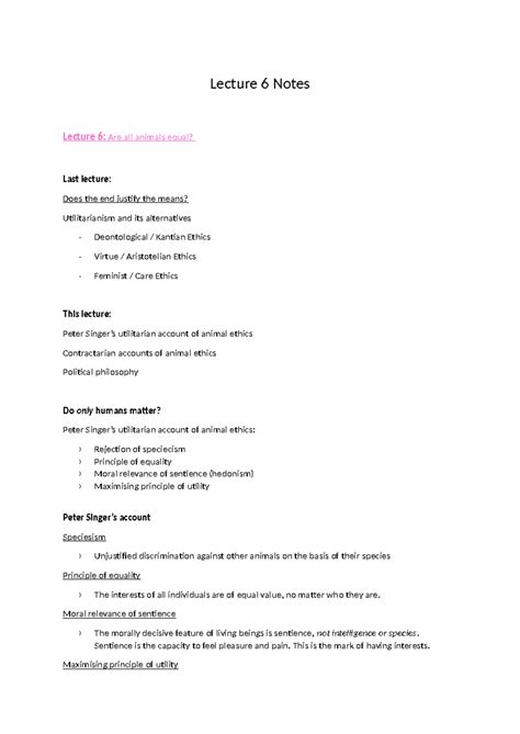 Lecture 6 Notes: Animal Ethics and the Principle of Equality - Studocu