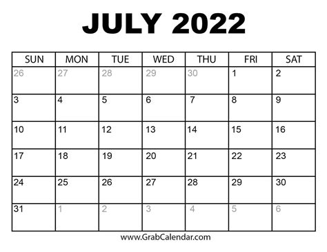 Printable July 2022 Calendar