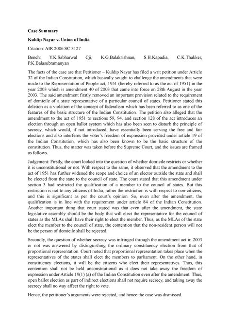 Case Summary R - case summaries - Case Summary Kuldip Nayar v. Union of ...