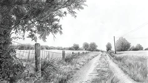 Premium Photo | A pencil drawing of a country road leading through a field with trees and a ...