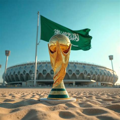 Saudi world cup 2034 with world cup trophy with saudi flags and stadium ...