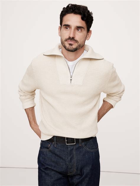 Cotton Waffle-Knit Half-Zip Sweater | Banana Republic