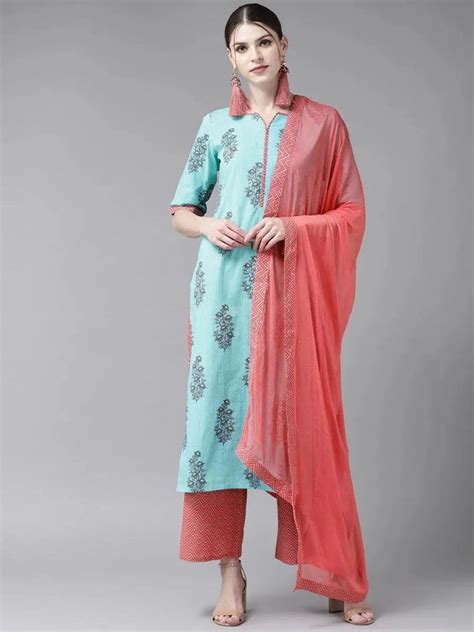 Buy Blue Printed Cotton Straight Kurta With Palazzos & Dupatta Online ...
