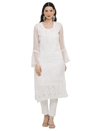 Buy FAWOMENT Women's Georgette Chikankari Rose Design Hand Embroidery ...