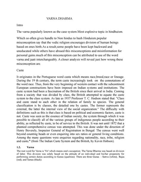 Varna dharma - VARNA DHARMA Intro The varna popularly known as the case ...