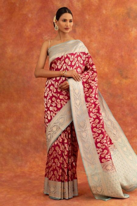 Buy Red Silk, Brocade Dahlia Floral Jaal Pattern Saree With Running ...