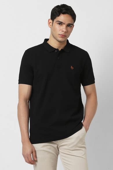 Buy Men Black Textured Polo Neck T-shirt Online - 39872926 | Van Heusen