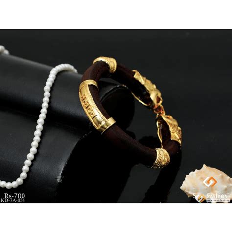 Two-lion Face & Mahadev Genda Kada Classic Design Leather Gold Plated ...