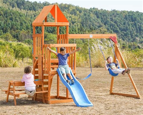 Amazon.com: Dolphin Playground Wooden Swing Sets for Backyard with 2 in ...