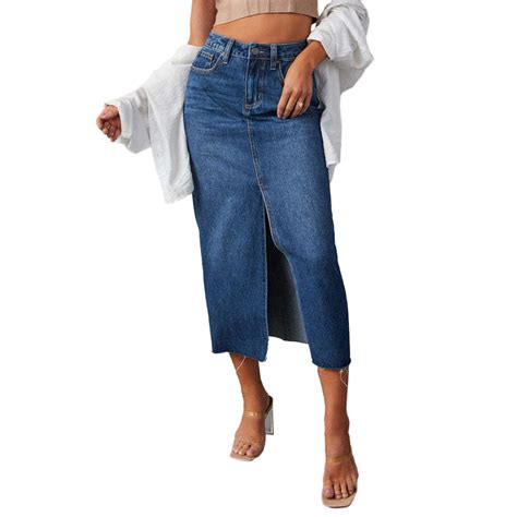 HFRENIVY Women Long Denim Skirt Front Slit Maxi Skirt Streetwear High ...