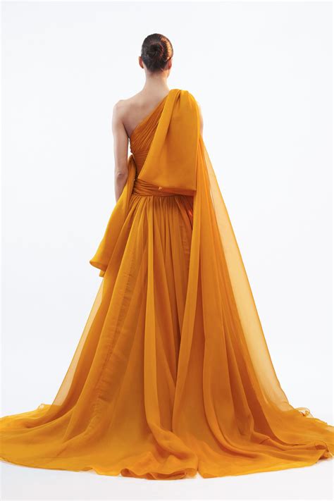 One shoulder drop waisted draped gown with side bow and train – Gauri ...