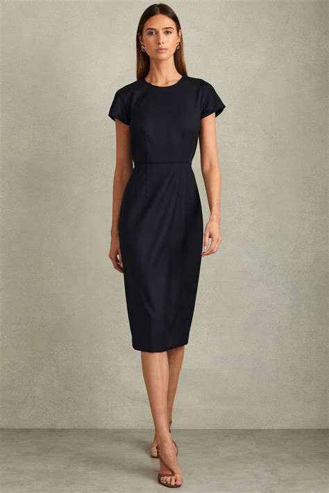 Reiss Navy Textured Cap Sleeve Midi Dress | ModeSens