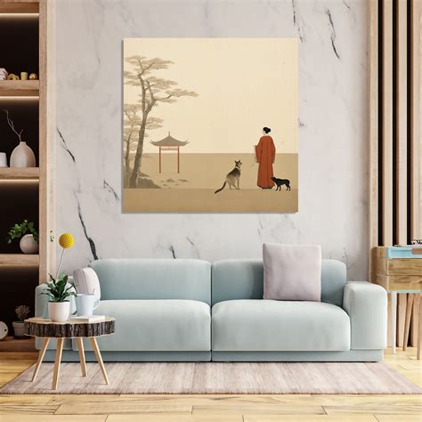 Asian Painting of a Woman with two dogs, trees and a small structure