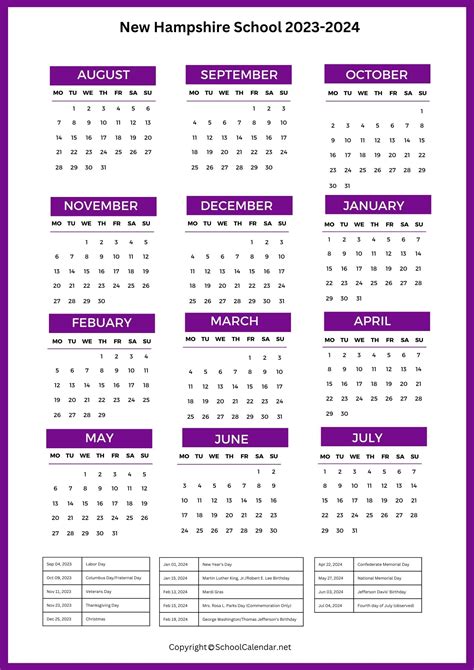 New Hampshire School Calendar 2023-2024 [County School District]