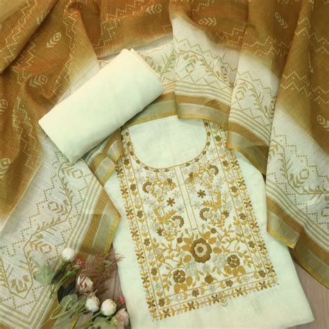 Masumi Beige with Yellow Thread Embroidered Neck Work Printed Cotton L ...