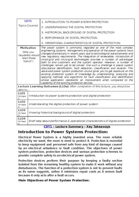 Introduction TO Power System Protection 1 - CDT Topics Covered ...
