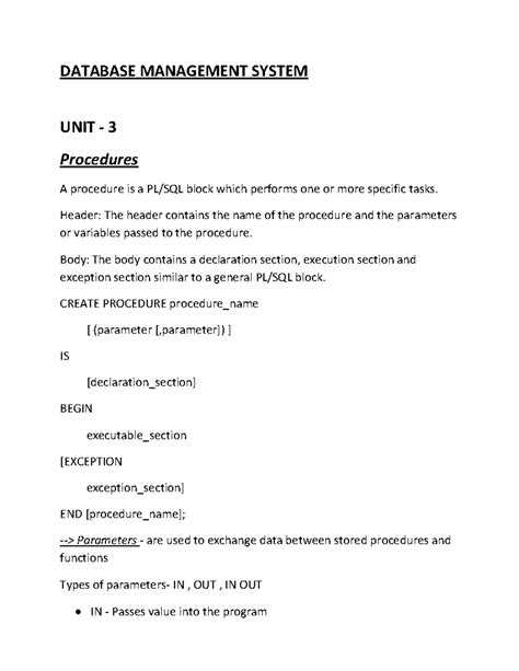 DATABASE MANAGEMENT SYSTEM UNIT 3: Procedures, Cursors, and ...