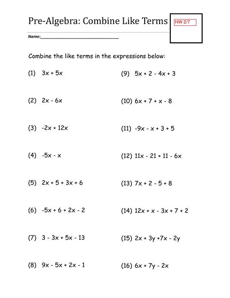 Combine Like Terms Worksheet