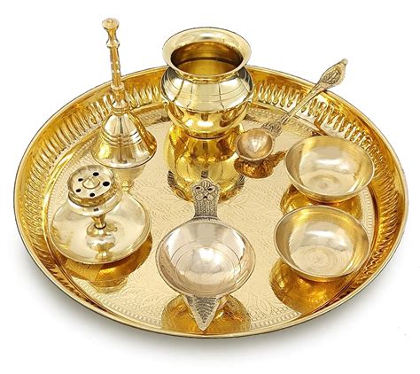 BENGALEN Brass Puja Thali Set 8 Inch Pooja Thali with Pital Design ...
