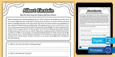 Prove It! Albert Einstein Text Evidence Worksheet for 6th-8th Grade