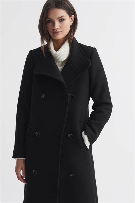 Buy Reiss Black Blair Petite Wool Blend Double Breasted Long Coat from ...