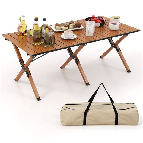 Costway Folding Aluminum Camping Table with Carry Bag Roll-Up Picnic ...