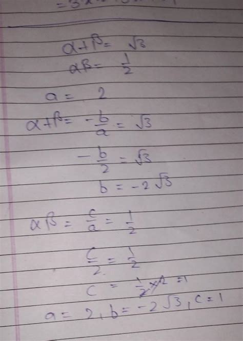find the quadratic equation alpha + beta is equals to root 3 alpha beta ...