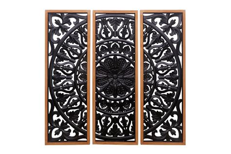 WoodIdea Wood Carved Floral Wall Decor (Set of 3) Panel Wood Wall Art ...