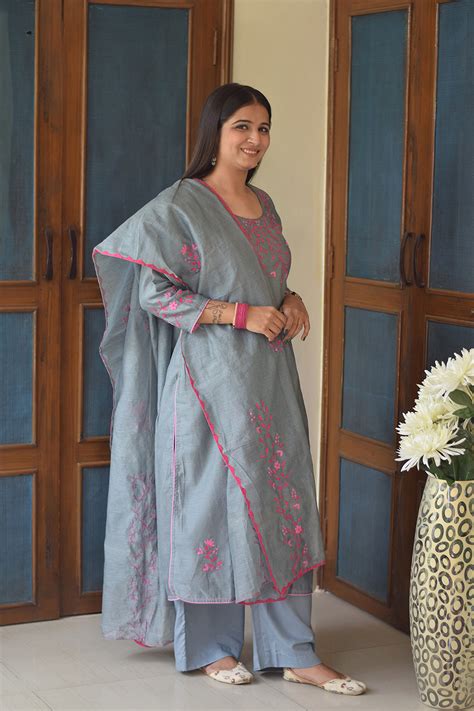 Grey Chanderi Kurta & Dupatta with Pink Applique Work and Grey Trouser ...
