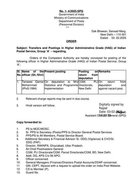 Posting of CGM PLI Directorate in Department of Posts