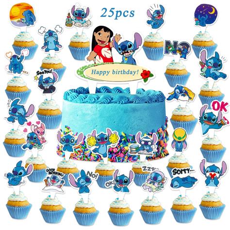 Buy 25PCS Lilo and Stitc_h Cake Topper Disne_y Cupcake Toppers Birthday ...