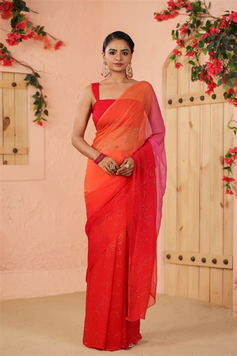 Orange Pink Shaded Hand Embroidered Mukaish Jaal Chiffon Saree – Geroo ...