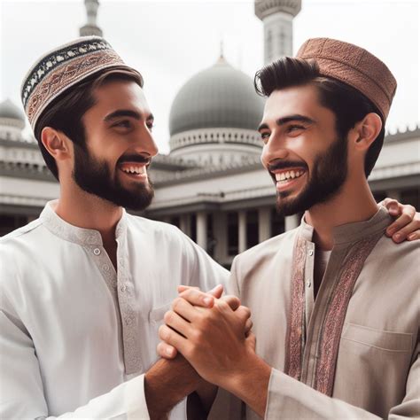 two muslim friend together, smile, conversation, handshake