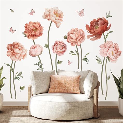 Amazon.com: wondever Pink Peony Rose Flower Wall Stickers Boho Floral ...