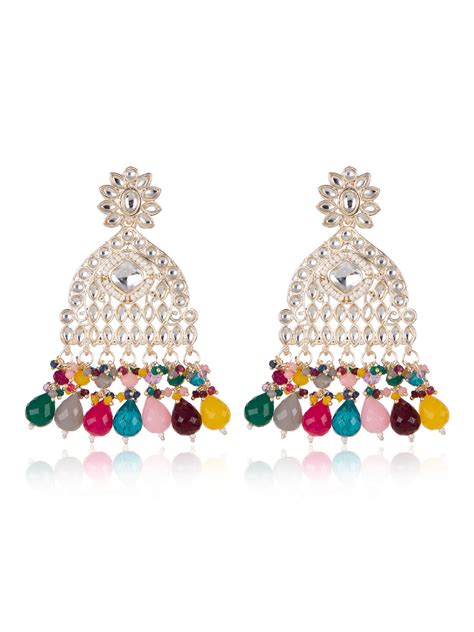 Priyaasi Gold Plated Kundan & Multi Coloured Beaded Drop Earrings