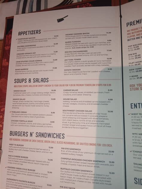 Menu at West Texas Chophouse Cimarron steakhouse, El Paso