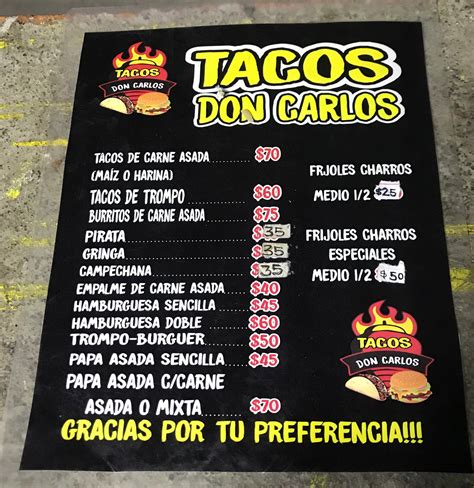 Carta del restaurante Tacos "Don Carlos", Colinas del Aeropuerto