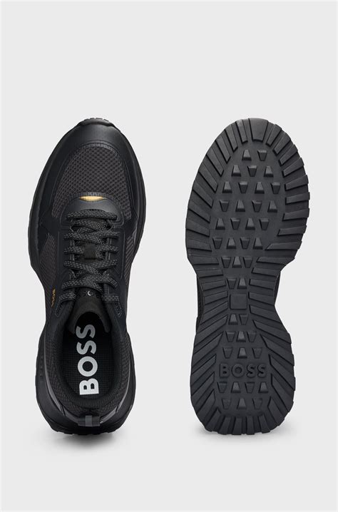 BOSS - Mixed-material trainers with mesh details and branding - Black