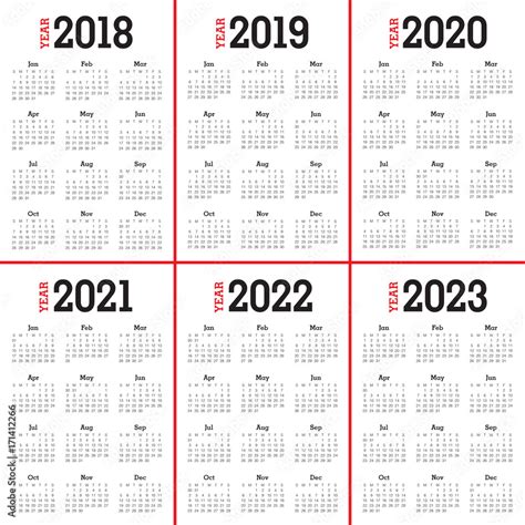 Year 2018 2019 2020 2021 2022 2023 calendar vector Stock Vector | Adobe Stock