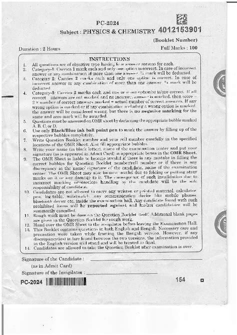 Final Exam PHYSICS CHEMISTRY 4012153901 Question Booklet Instructions ...