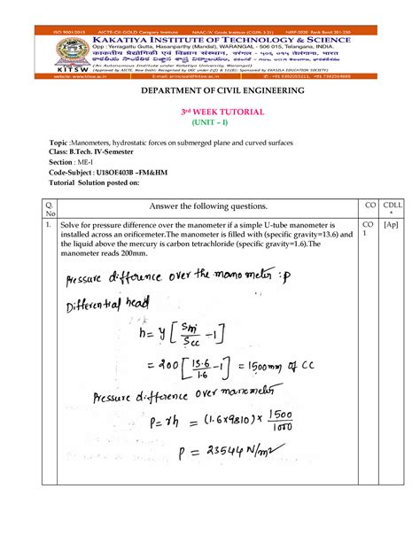 FM W3 Tutorial Sol - Notes - DEPARTMENT OF CIVIL ENGINEERING 3 rd WEEK ...