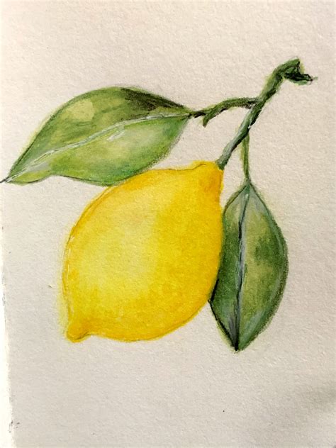 Vibrant Watercolor Painting of a Lemon with Green Leaves