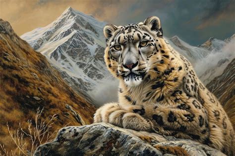 The regal presence of a snow leopard against the rugged backdrop of a ...