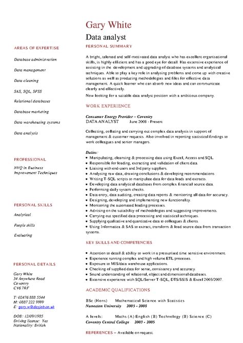 Data analyst CV template - AREAS OF EXPERTISE Database administration ...