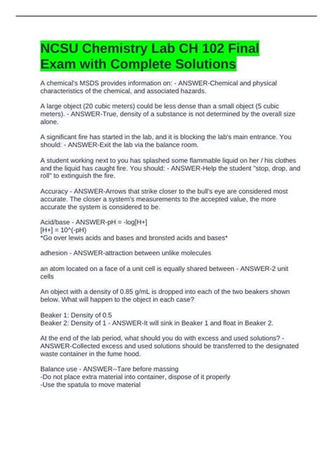 NCSU Chemistry Lab CH 102 Final Exam with Complete Solutions - NCSU ...