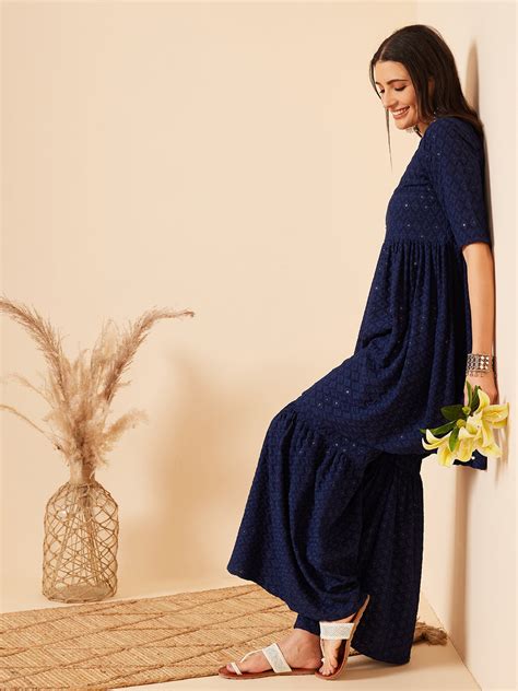 Royal Blue Chikankari Kurta Set With Sharara