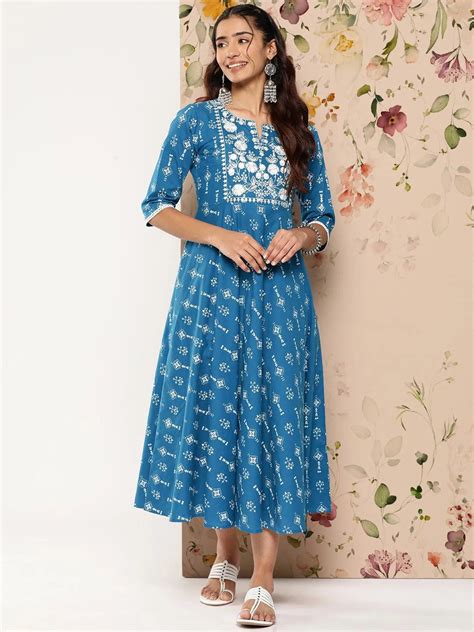 Buy Blue Printed Cotton Fit and Flare Dress Online at Rs.1045 | Libas