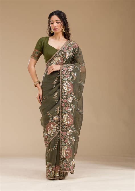 Buy Mehendi Sequins Tissue Saree - Koskii