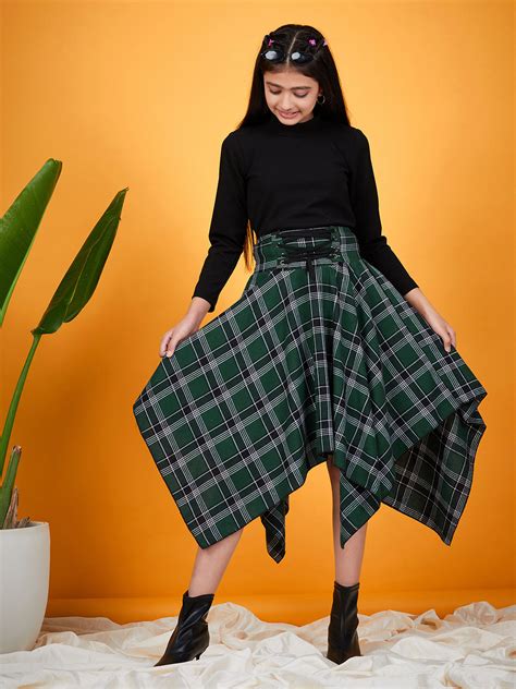 Girls Black solid Top with Green and black printed Skirt Checked Asymm