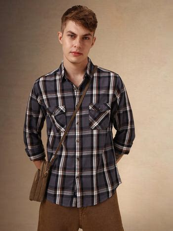 Men's Grey Tartan Checks Spread Collar Long Sleeves Relaxed Fit Casual ...